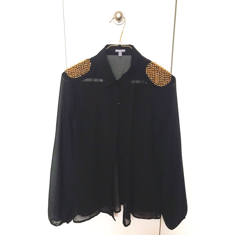 Black Sheer Blouse with Gold Studded Shoulders